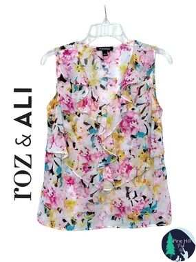 Roz & Ali Sleeveless Blouse Top Tank Floral Pink Ruffles Sheer Romantic Small